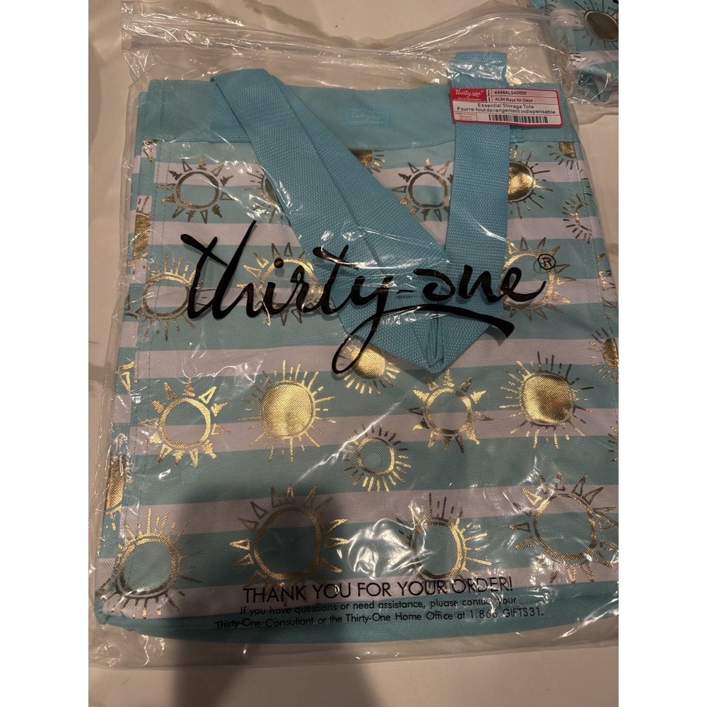 Thirty-One Bag Bundle Central Storage Tote + Clip Pouch Teal Gold White NWT - Picture 3 of 9